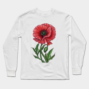 Red poppy, watercolor and ink Long Sleeve T-Shirt